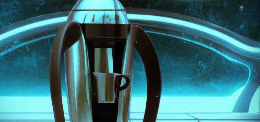 una cafetera futurista en el interior de una nave espacial sator