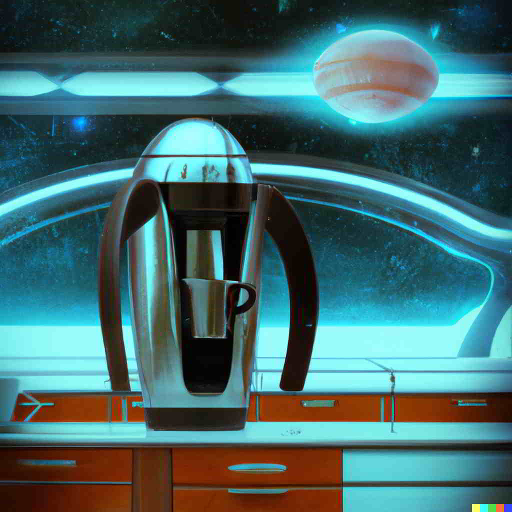 una cafetera futurista en el interior de una nave espacial sator