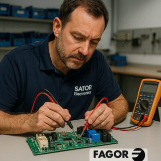 Tecnico reparando placa Fagor 6H-760N2-E CCM006152 en Sator Electronica