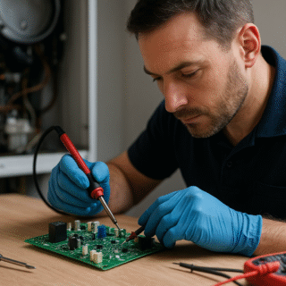 Técnico reparando placa de caldera Junkers 8717207166 – Sator Electrónica