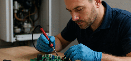 Técnico reparando placa de caldera Junkers 8717207166 – Sator Electrónica