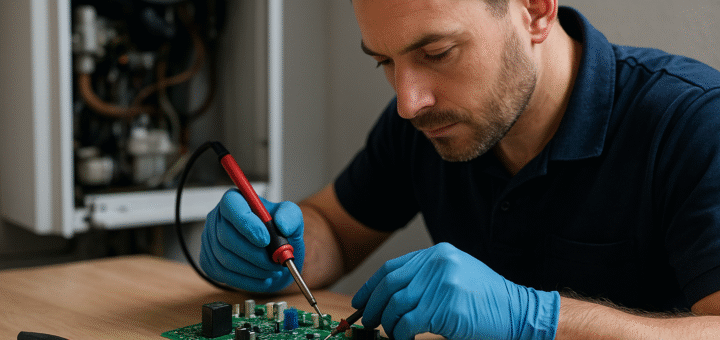 Técnico reparando placa de caldera Junkers 8717207166 – Sator Electrónica