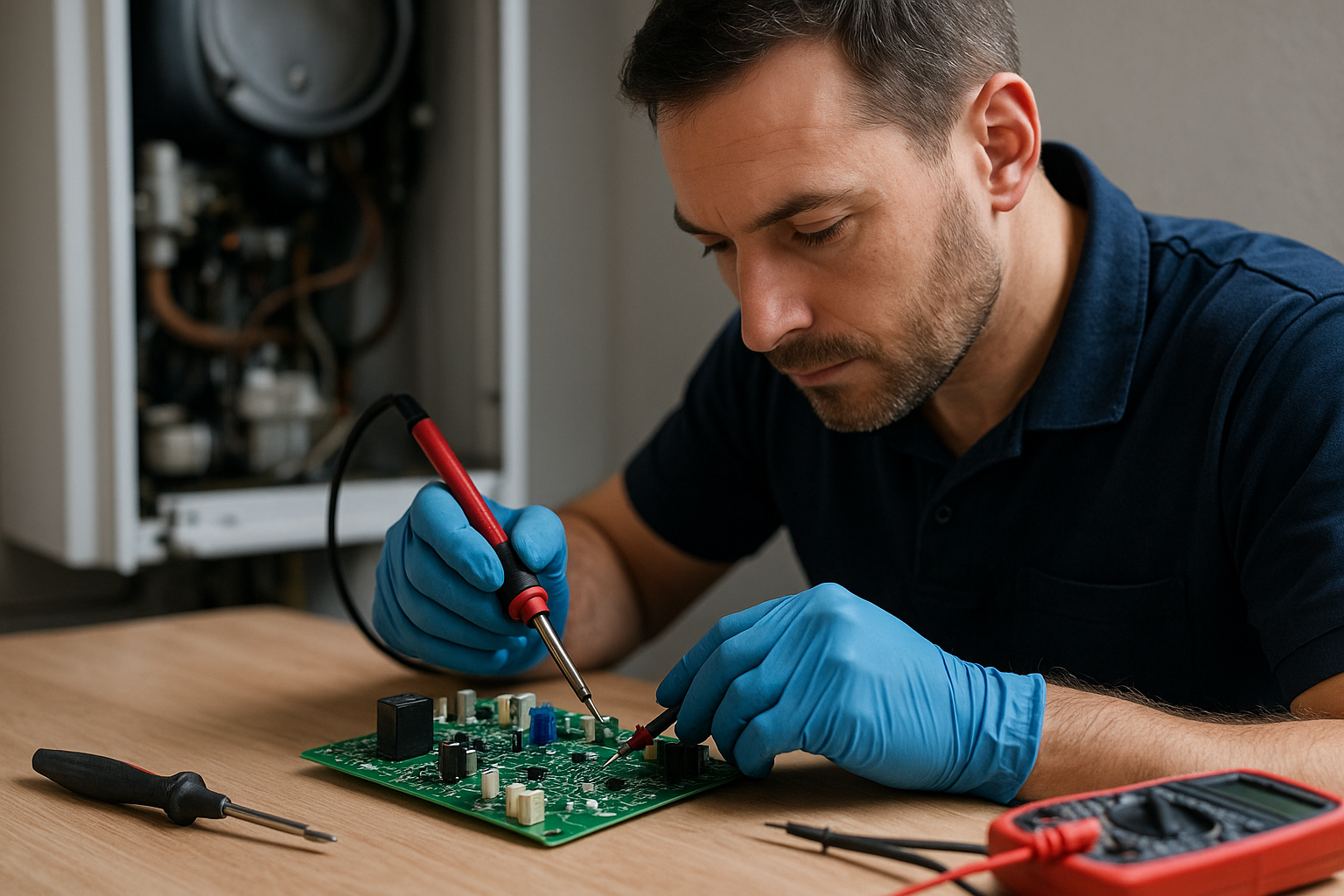Técnico reparando placa de caldera Junkers 8717207166 – Sator Electrónica