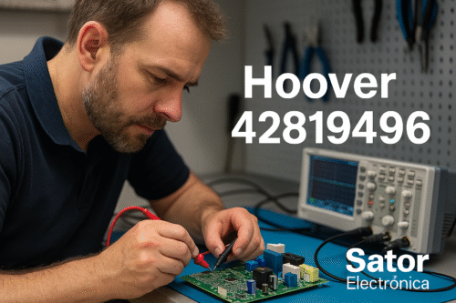 Técnico reparando módulo de horno Hoover 42819496 – Sator Electrónica