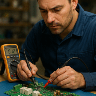 Técnico verificando placa de horno Electrolux 387841700 con multímetro en banco ESD
