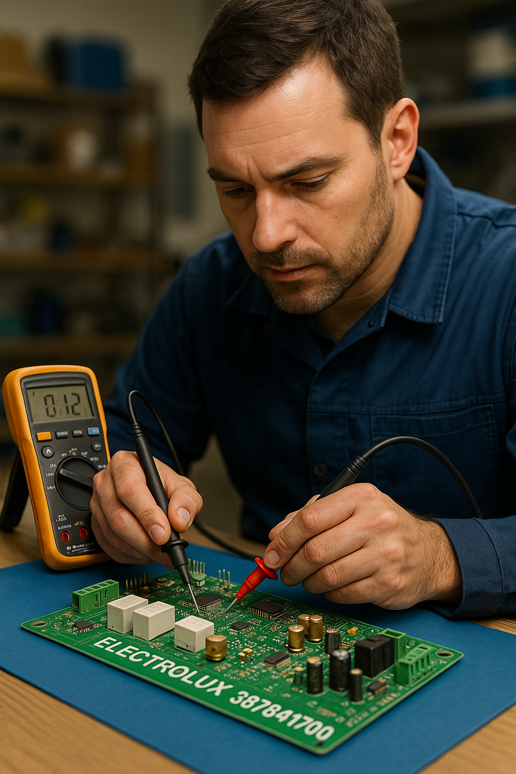 Técnico verificando placa de horno Electrolux 387841700 con multímetro en banco ESD