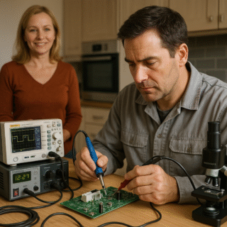 Técnico reparando programador 70X0012 con osciloscopio en cocina de un cliente