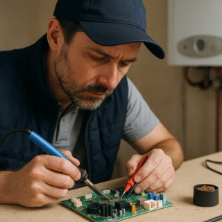 Técnico reparando placa de caldera SIME 6301420D – Sator Electrónica