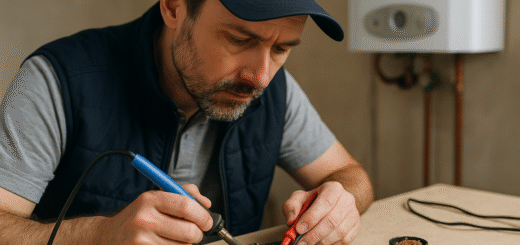 Técnico reparando placa de caldera SIME 6301420D – Sator Electrónica