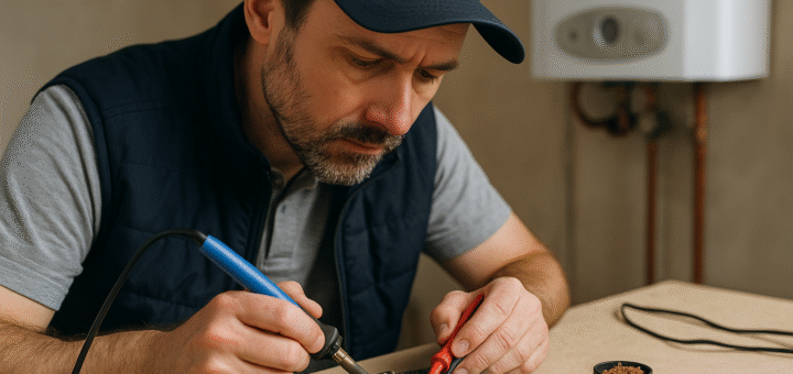Técnico reparando placa de caldera SIME 6301420D – Sator Electrónica