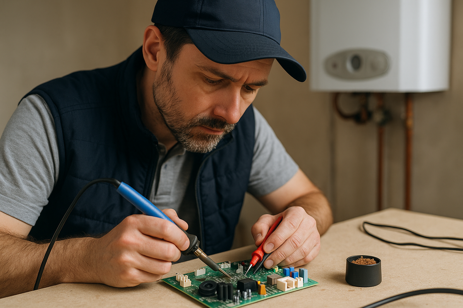 Técnico reparando placa de caldera SIME 6301420D – Sator Electrónica