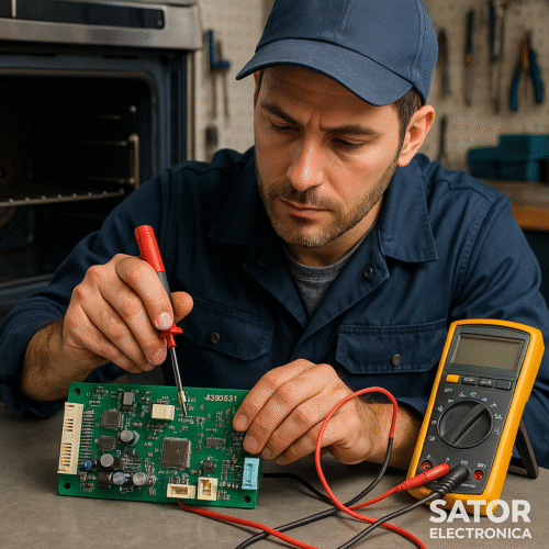 Tecnico reparando modulo Hoover 42830531 en laboratorio de Sator Electronica