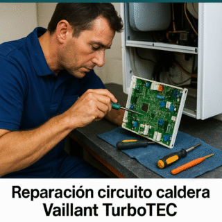 Técnico reparando placa de caldera Vaillant TurboTEC – Sator Electrónica