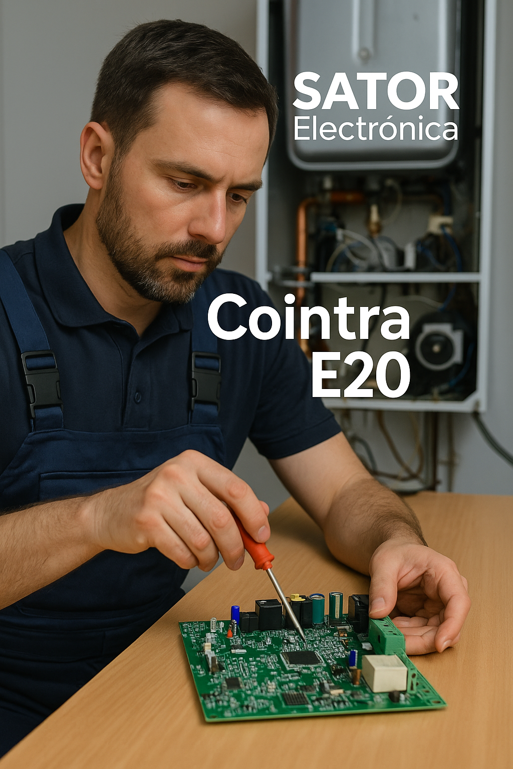 Técnico reparando placa Cointra E20 – Sator Electrónica
