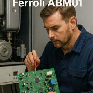 Técnico reparando placa caldera Ferroli ABM01 – Sator Electrónica