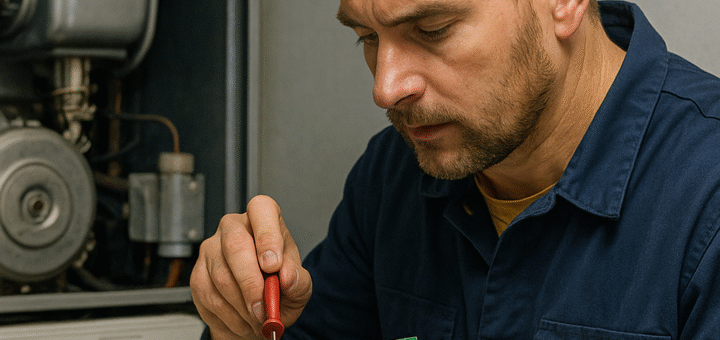 Técnico reparando placa caldera Ferroli ABM01 – Sator Electrónica