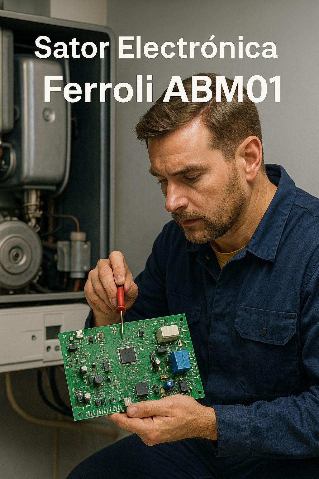 Técnico reparando placa caldera Ferroli ABM01 – Sator Electrónica