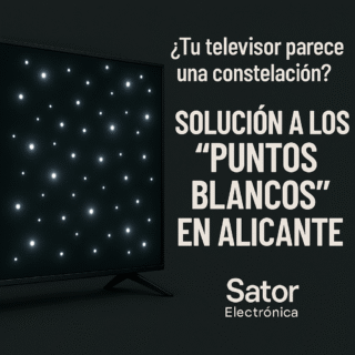 Cinematic, 8-second video commercial. **0:00-0:03:** Close-up shot of a 4K television screen displaying a dark scene (like a night sky or a dark movie). Multiple bright white spots are intensely visible, ruining the image (simulating fallen diffuser lenses). The camera slowly zooms in on the most prominent white spot. **0:03-0:06:** Fast transition to a brightly lit, professional electronics laboratory. Extreme macro shot of a technician wearing clean gloves carefully using precision tweezers to re-attach a tiny optical diffuser lens onto an LED strip. The setting is sterile, emphasizing surgical, component-level repair. **0:06-0:08:** Cut to a final shot: The same 4K television screen, now displaying a perfect, uniform image with vibrant colors. A clear, bold text overlay appears: "Puntos Blancos Resueltos. Sator Electrónica. Alicante."