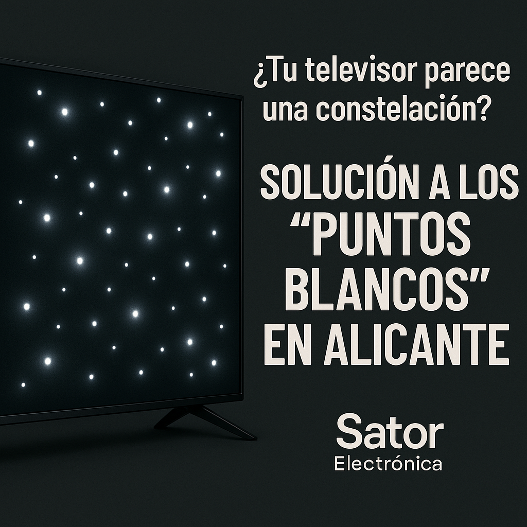 Cinematic, 8-second video commercial. **0:00-0:03:** Close-up shot of a 4K television screen displaying a dark scene (like a night sky or a dark movie). Multiple bright white spots are intensely visible, ruining the image (simulating fallen diffuser lenses). The camera slowly zooms in on the most prominent white spot. **0:03-0:06:** Fast transition to a brightly lit, professional electronics laboratory. Extreme macro shot of a technician wearing clean gloves carefully using precision tweezers to re-attach a tiny optical diffuser lens onto an LED strip. The setting is sterile, emphasizing surgical, component-level repair. **0:06-0:08:** Cut to a final shot: The same 4K television screen, now displaying a perfect, uniform image with vibrant colors. A clear, bold text overlay appears: "Puntos Blancos Resueltos. Sator Electrónica. Alicante."