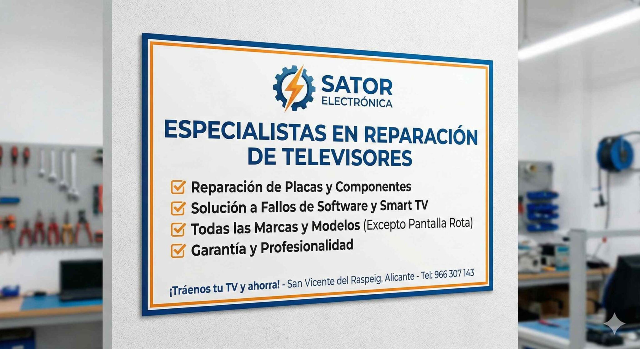 Sator especialista de Sator Electrónica reparando televisor con microscopio en Alicante