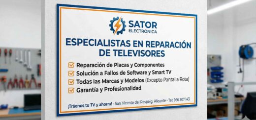 Sator especialista de Sator Electrónica reparando televisor con microscopio en Alicante