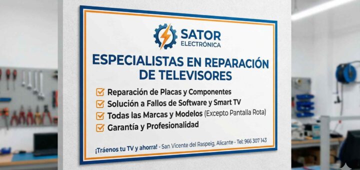 Sator especialista de Sator Electrónica reparando televisor con microscopio en Alicante