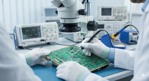 Técnico especialista de Sator Electrónica reparando placa base de televisor con microscopio en Alicante