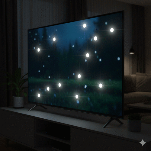 Televisor LED encendido mostrando avería de múltiples puntos blancos brillantes en la pantalla.
