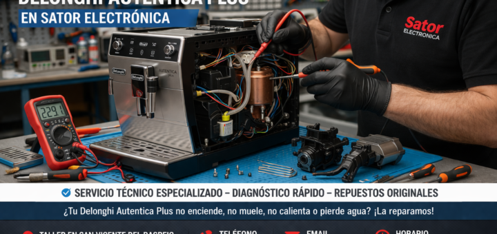 Reparación de cafetera DeLonghi Autentica Plus en Sator Electrónica, servicio técnico en Alicante para fallos de presión, agua, molido o calentamiento.