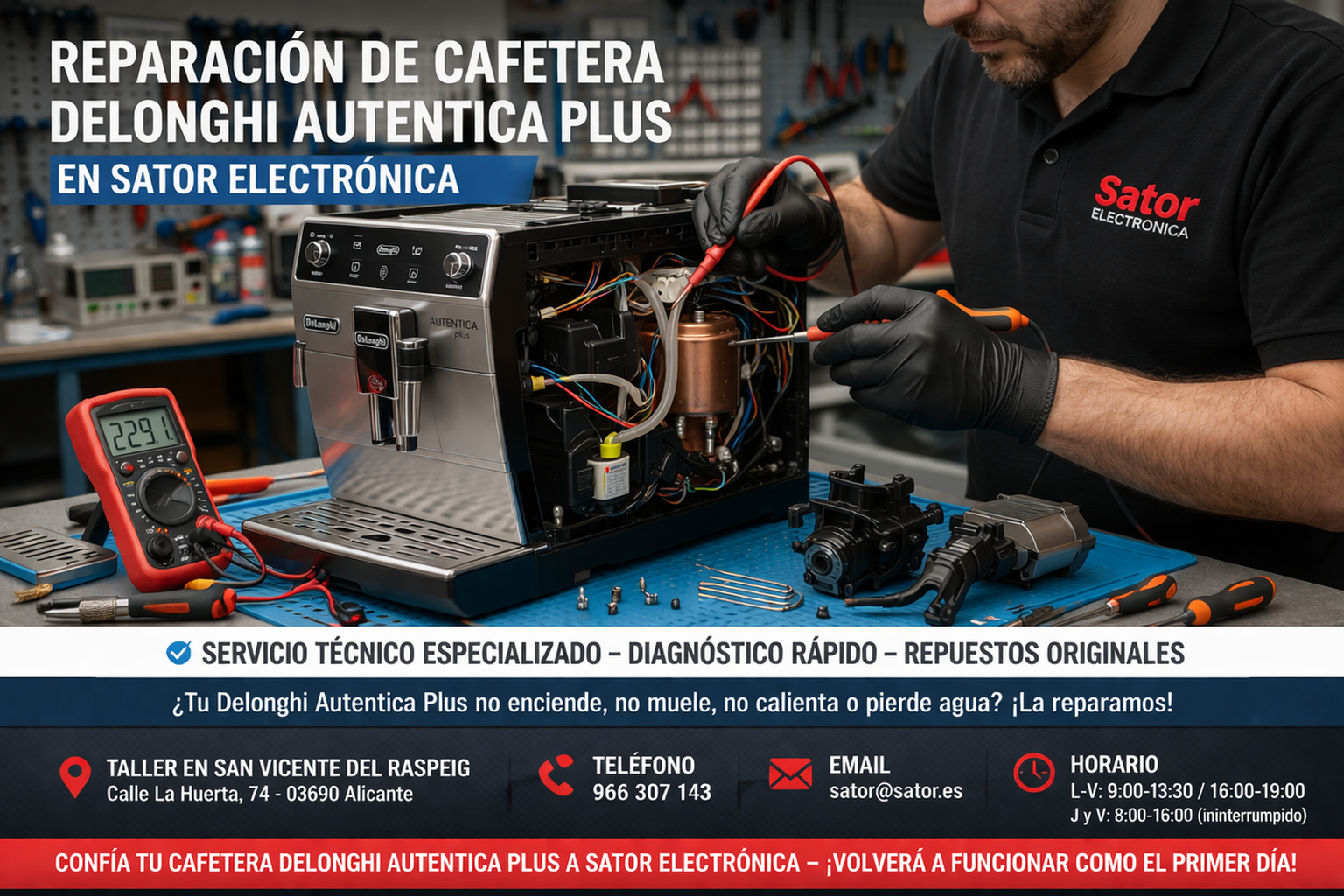 Reparación de cafetera DeLonghi Autentica Plus en Sator Electrónica, servicio técnico en Alicante para fallos de presión, agua, molido o calentamiento.