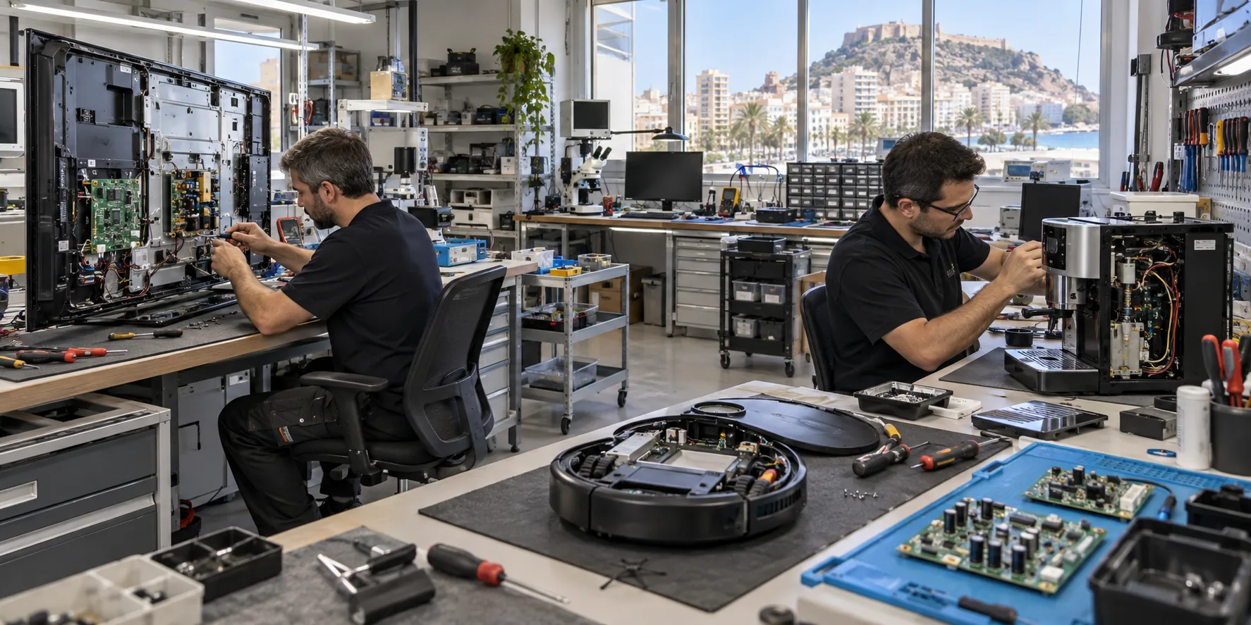 Técnicos de Sator reparando electrónica en el taller de Alicante